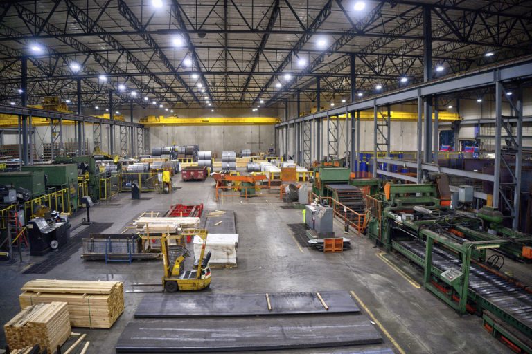 drone photo inside industrial warehouse