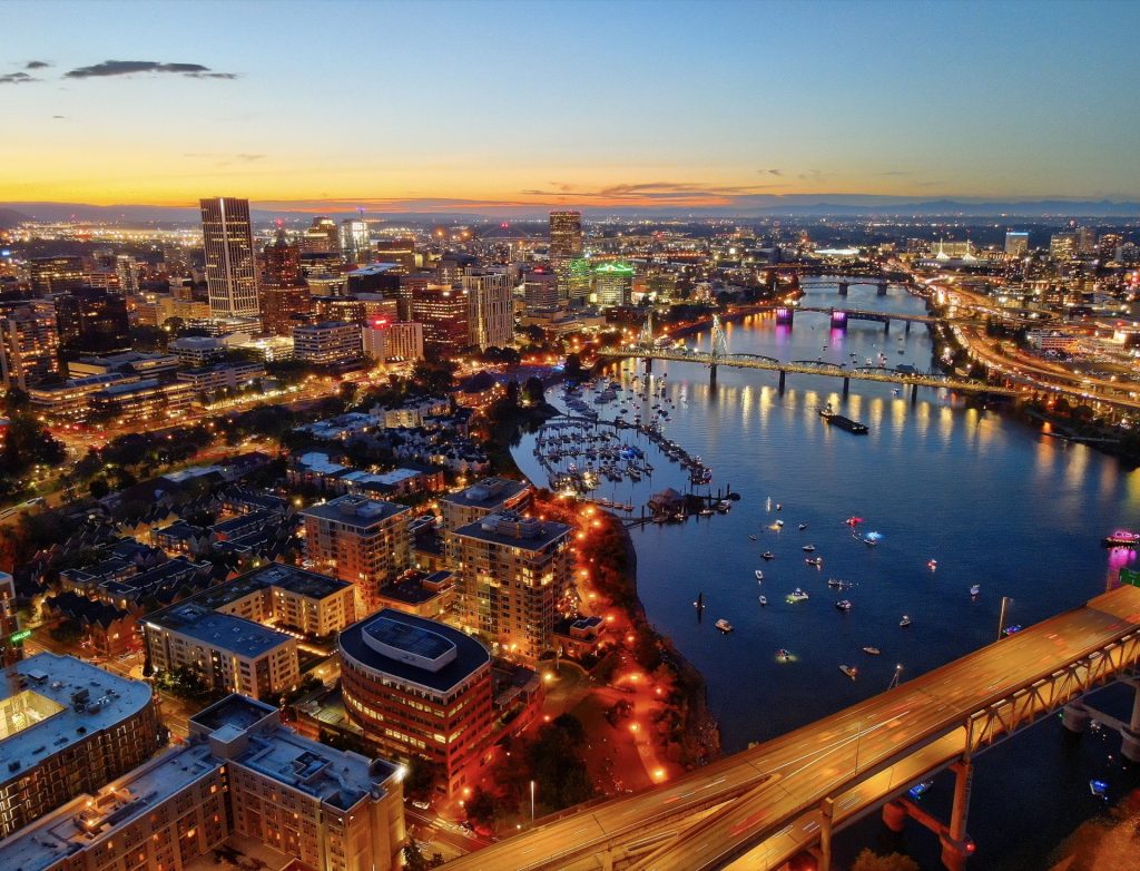 Aerial drone photo of Portland, Oregon at dusk