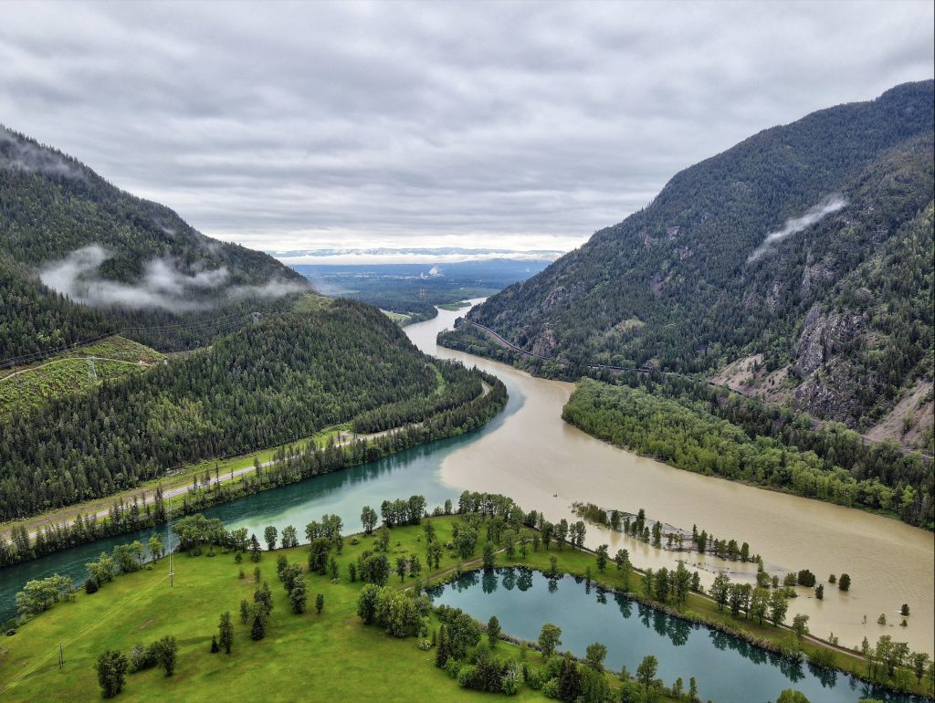 Aerial drone photo of hills and river