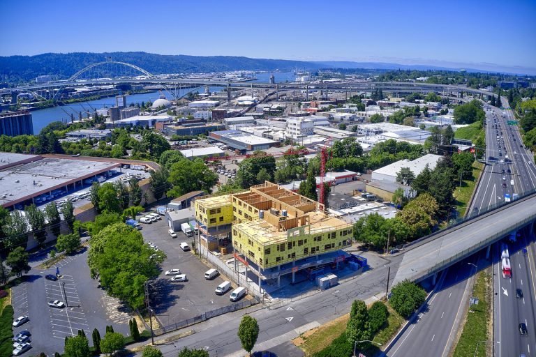 Oregon aerial of building construction progress