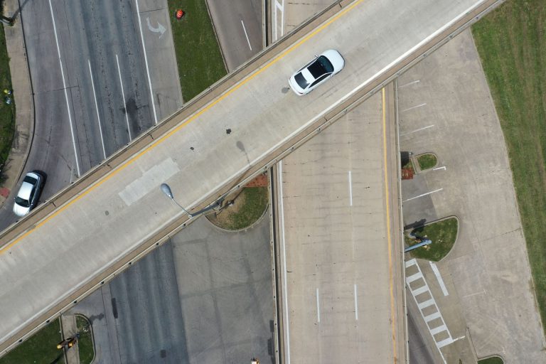 drone aerial photo of roadway overpass for surveying infrastructure